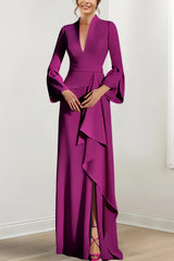 V-Neck Floor-Length Mother of the Bride Dress With Side Split and Long Sleeves