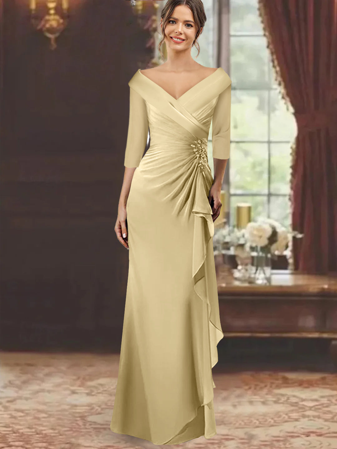 V-Neck Floor-Length Mother of the Bride Dress with Ruffles and Appliques Half Sleeves