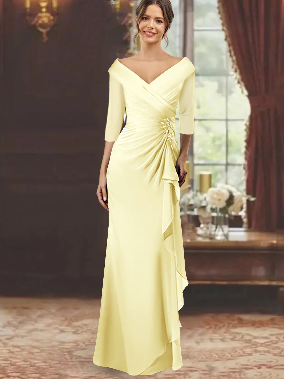 floor length half sleeve v neck maxi dress V-Neck Floor-Length Mother of the Bride Dress with Ruffles and Appliqu –  Dressystars