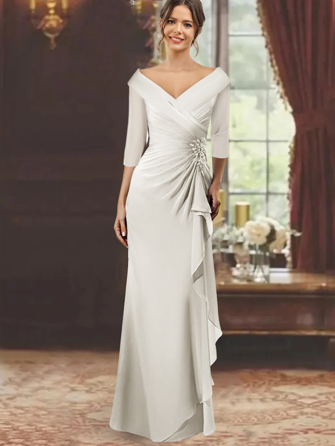 V-Neck Floor-Length Mother of the Bride Dress with Ruffles and Appliqu   Dressystars