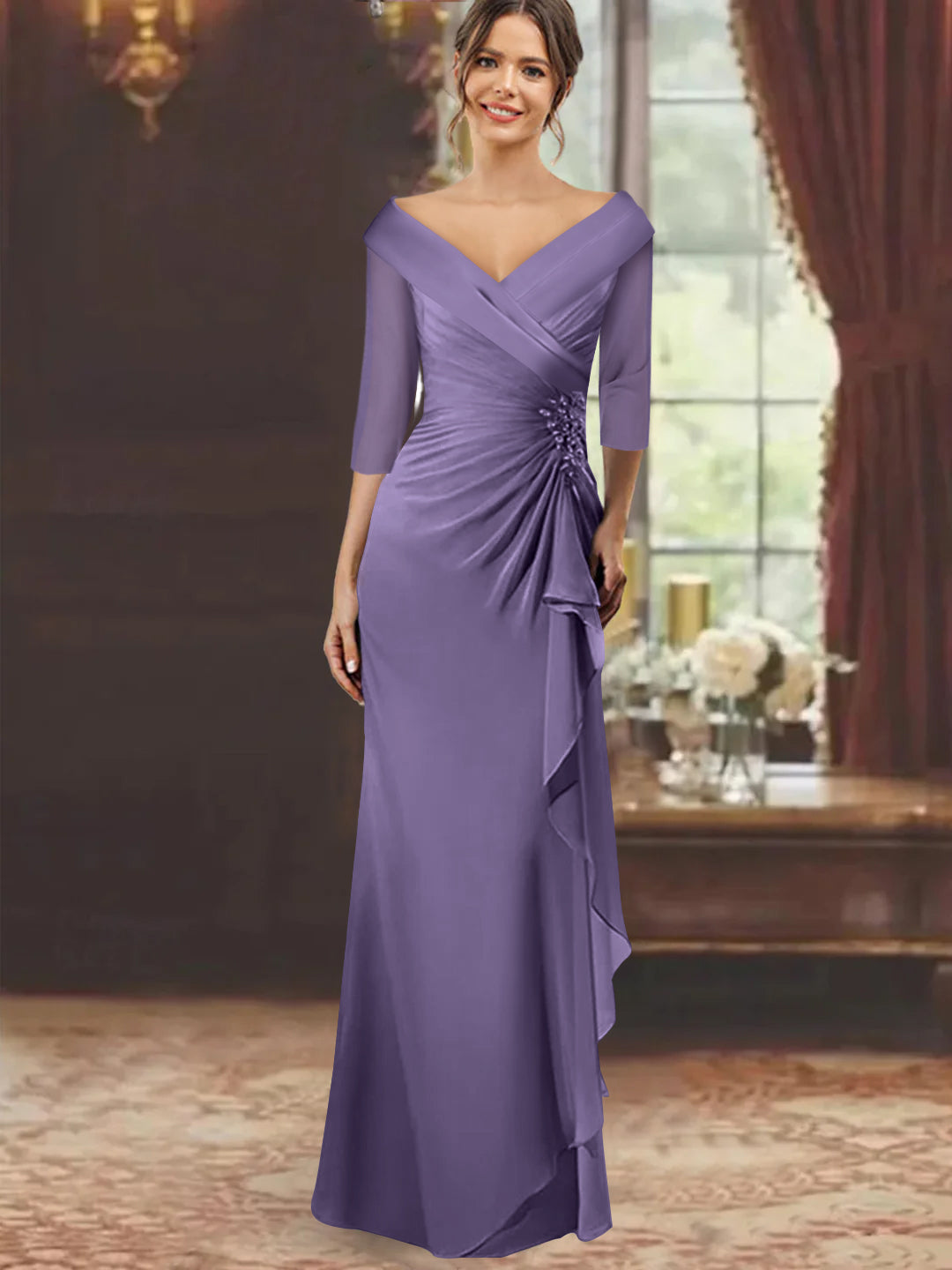 V-Neck A-Line Princess Ankle-Length Mother of The Bride Dress with Short Sleeves Pockets & Ruffles
