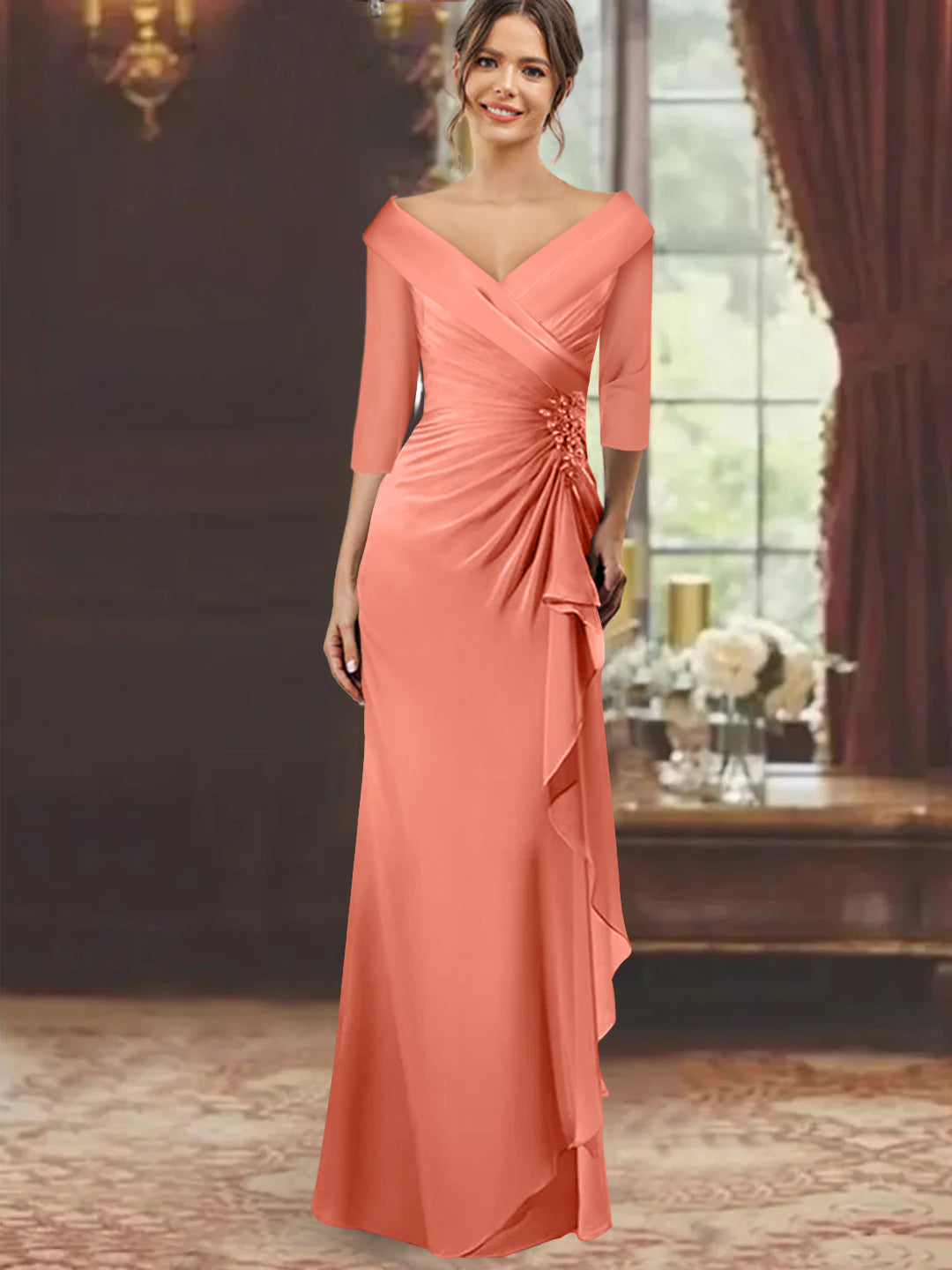 V-Neck A-Line Princess Ankle-Length Mother of The Bride Dress with Short Sleeves Pockets & Ruffles