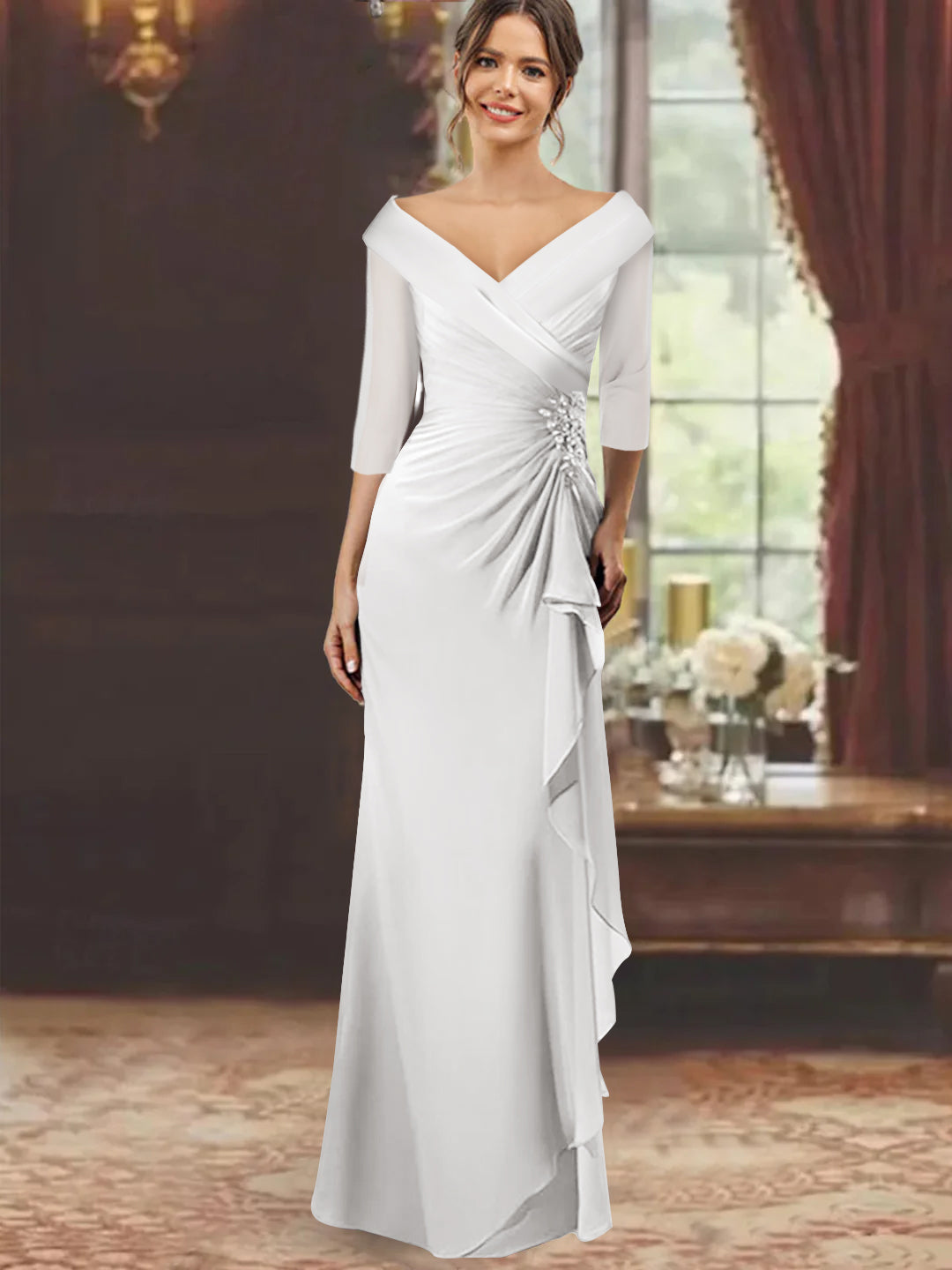 slim fit dress slacks V-Neck A-Line Princess Ankle-Length Mother of The Bride Dress with Short Sleeves Pockets & Ruffles