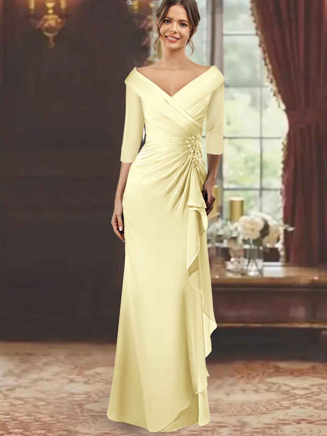 V-Neck A-Line Princess Ankle-Length Mother of The Bride Dress with Short Sleeves Pockets & Ruffles