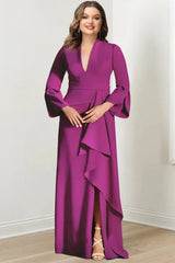 V-Neck Floor-Length Plus Size Mother of the Bride Gown With Side Split and Long Sleeves
