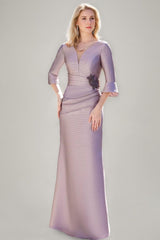 V-Neck Floor-Length Trumpet/Mermaid Mother of the Bride Dresses with Ruched Detail Ruffled Sleeves and Jewel Appliques