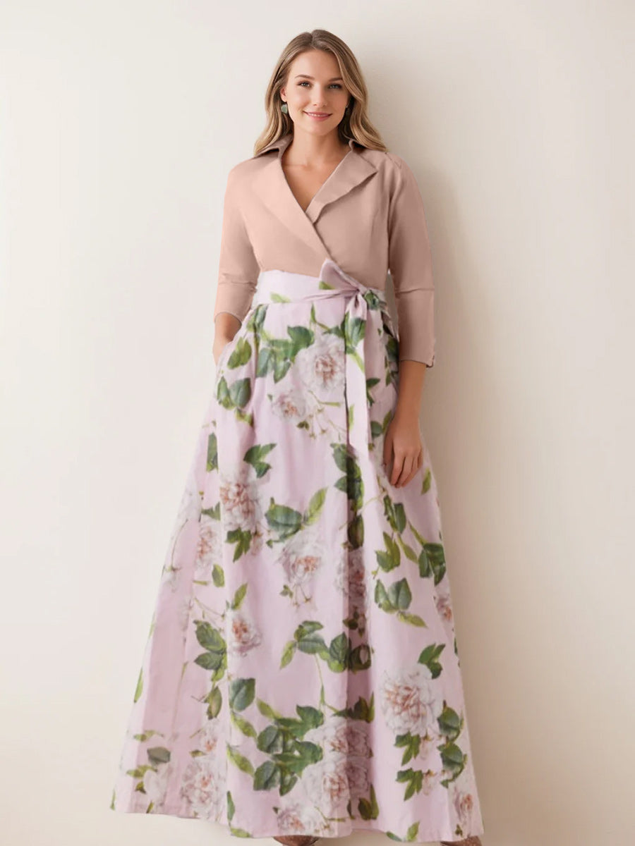 V-Neck Floral Print Mother of the Bride Dress with Bow Belt A-Line/Princess Cut and 3/4 Sleeves