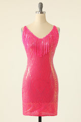 V-Neck Fuchsia Homecoming Dresses Cocktail Dresses With Fringes