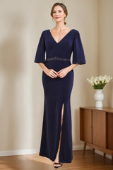 V-Neck Half-Sleeve Sheath/Column Dress for Mothers of the Bride & Groom with Appliques and Side Split