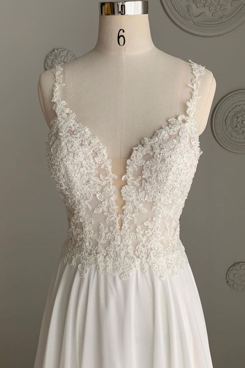 V Neck Handmade Wedding Dress Ivory Chiffon Lace Long Formal Dress Evening Dress