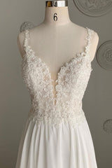V Neck Handmade Wedding Dress Ivory Chiffon Lace Long Formal Dress Evening Dress