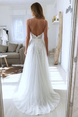 Spaghetti Straps Lace Wedding Dress Ivory Tulle A Line Bridal Gown with Slit