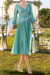 V-Neck Knee-Length A-Line Princess Dress for the Mother of the Bride with Lace Ruffle Embroidery