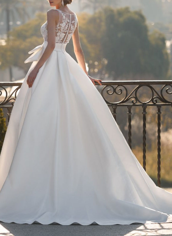 V Neck Lace Satin Ball Gown Wedding Dress
