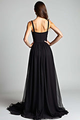 V-Neck Long Black Wedding Guest Dress A Line Formal Dress With Slit
