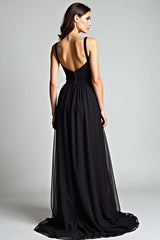 V-Neck Long Black Wedding Guest Dress A Line Formal Dress With Slit