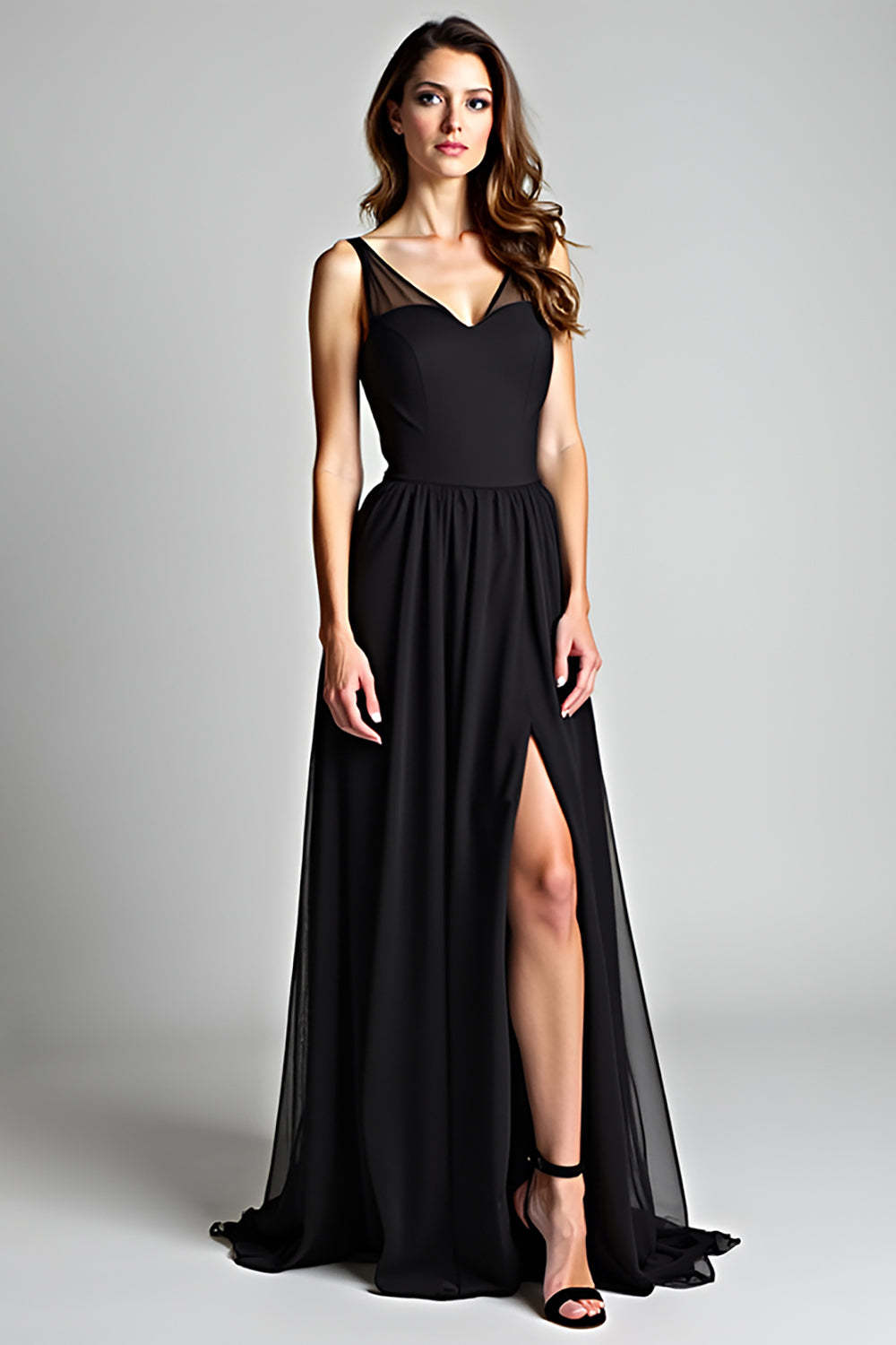 V-Neck Long Black Wedding Guest Dress A Line Formal Dress With Slit