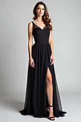 V-Neck Long Black Wedding Guest Dress A Line Formal Dress With Slit