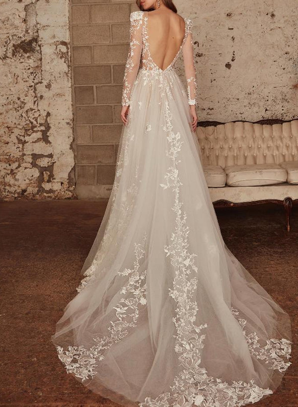 V Neck Long Sleeves Court Train Lace/Tulle Wedding Dress