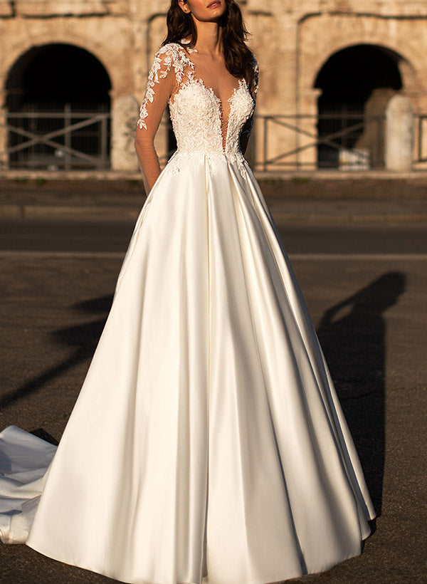 V Neck Long Sleeves Satin Wedding Dress With Appliques Lace