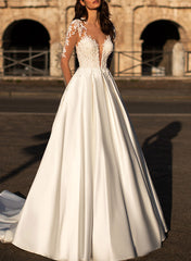V Neck Long Sleeves Satin Wedding Dress With Appliques Lace