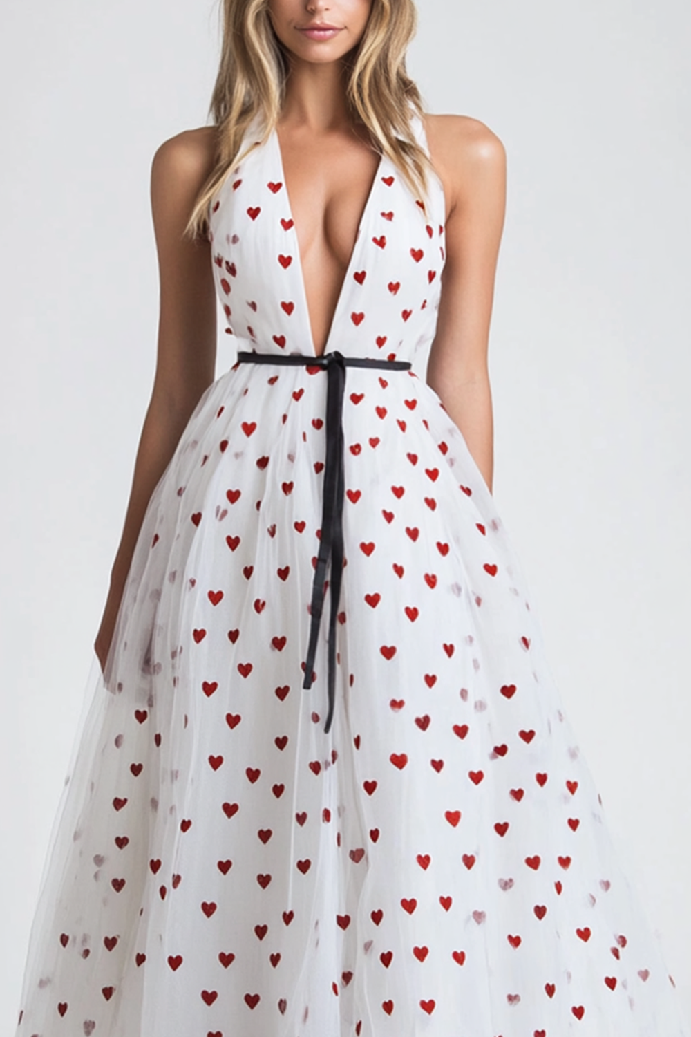 V-Neck Long White Tulle A Line Formal Dress With Polka Dots
