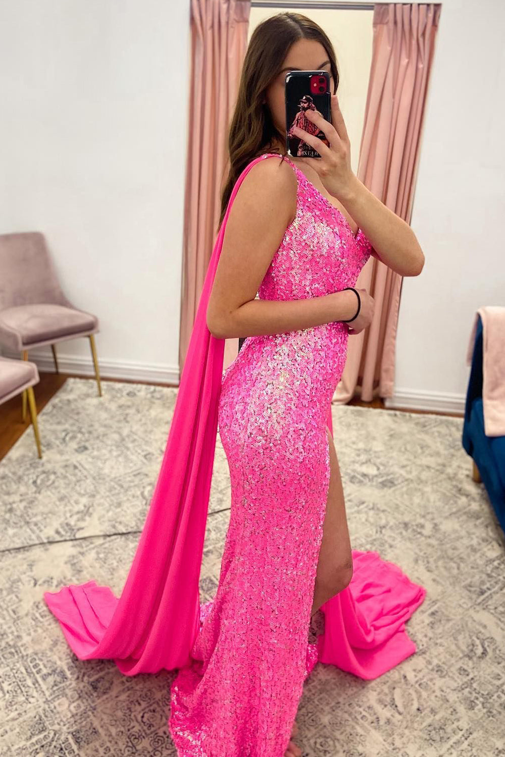 V Neck Mermaid Hot Pink Prom Dress Sequined Long Evening Dress with Slit