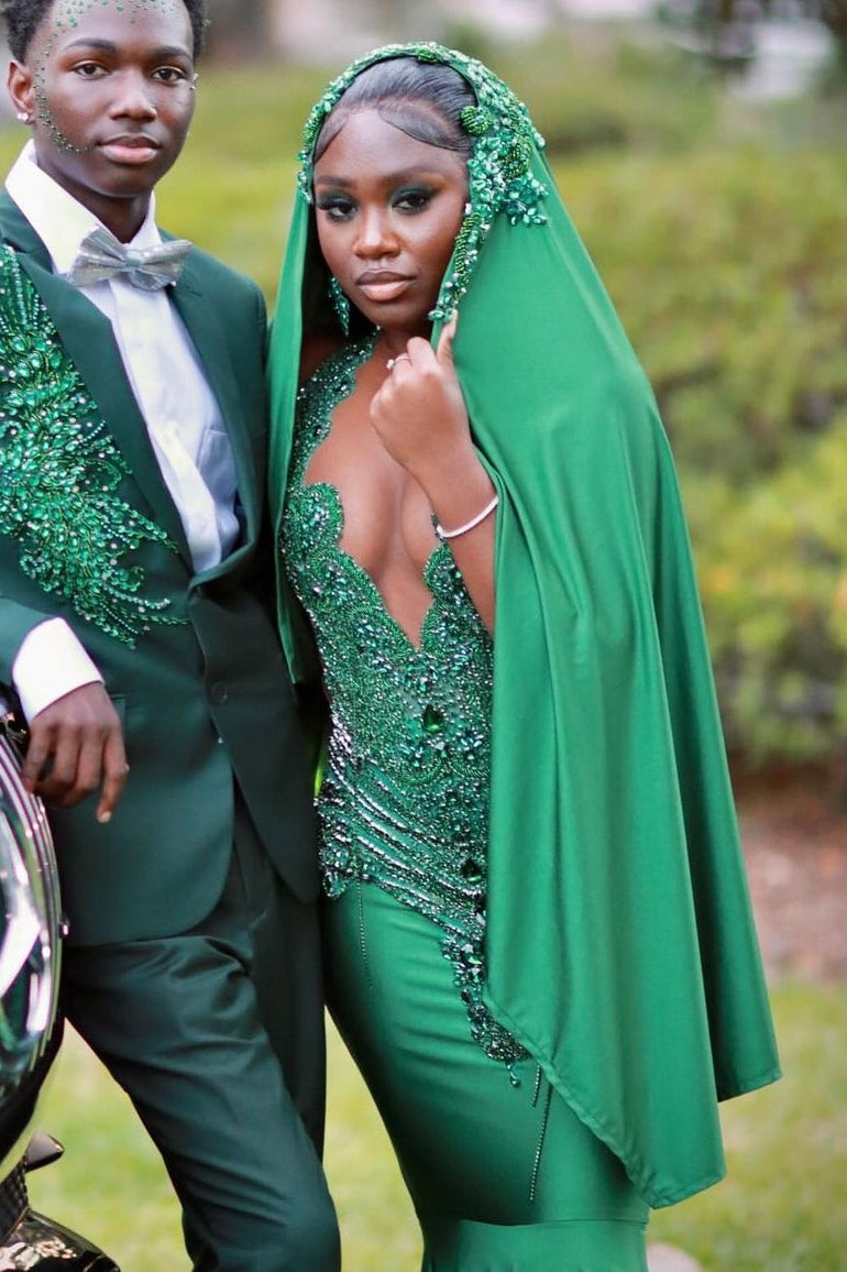 V-Neck Mermaid Prom Dress Sleeveless Beading Formal Dress