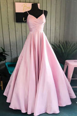 V Neck Pink Prom Dress Satin Long Formal Dress Evening Dress