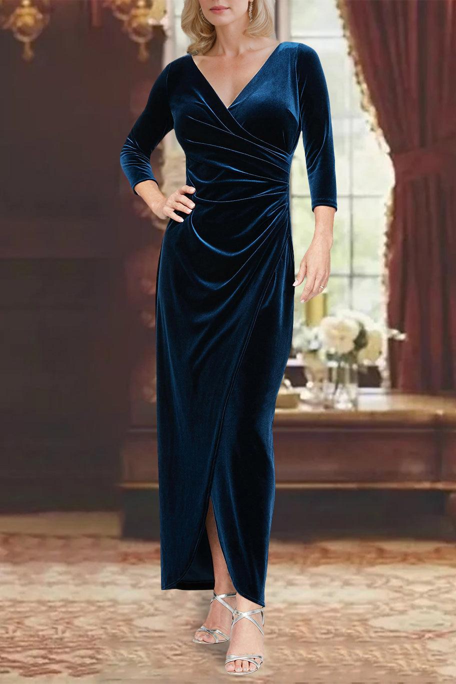 V-Neck Princess A-Line Asymmetrical Mother of the Bride Dress with 3/4 Sleeves and Ruffles