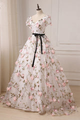 V Neck Prom Dress 3D Appliques Long Formal Evening Dress