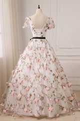 V Neck Prom Dress 3D Appliques Long Formal Evening Dress