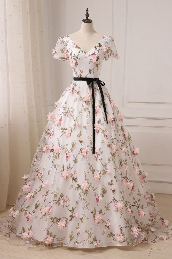 V Neck Prom Dress 3D Appliques Long Formal Evening Dress