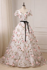 V Neck Prom Dress 3D Appliques Long Formal Evening Dress