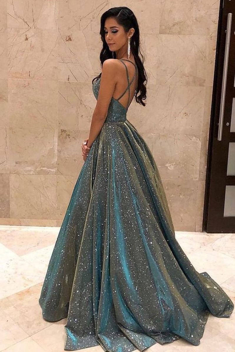 V Neck Prom Dress A Line Backless Gray Long Evening Dress