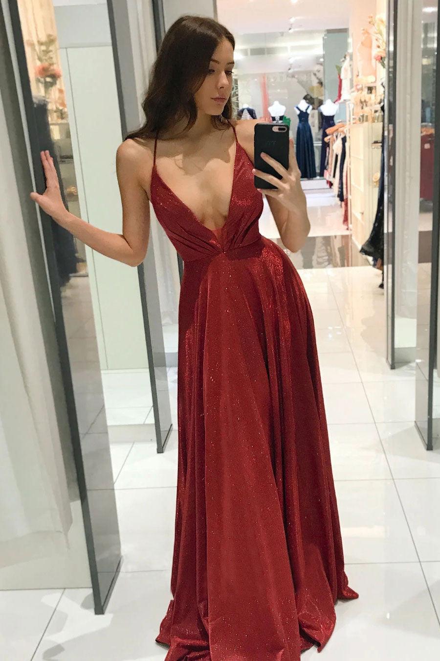 V Neck Prom Dress A Line Long Burgundy Evening Dress