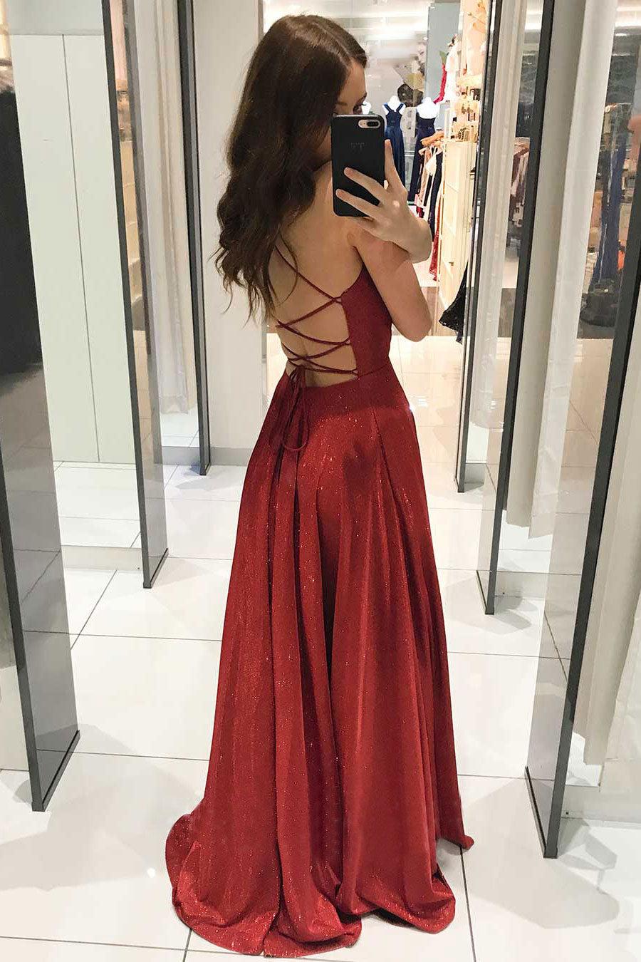 V Neck Prom Dress A Line Long Burgundy Evening Dress