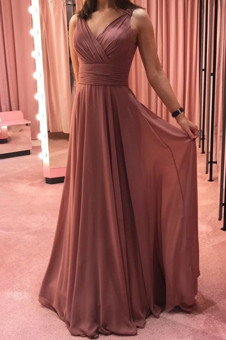 V Neck Prom Dress Chiffon Long Formal Dress Evening Dress