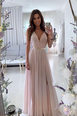 V Neck Prom Dress Chiffon Pink Long A Line Evening Dress