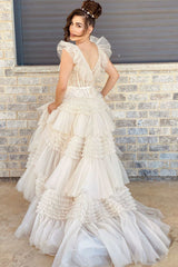 V Neck Prom Dress Ivory Appliques Tiered Tulle Evening Dress