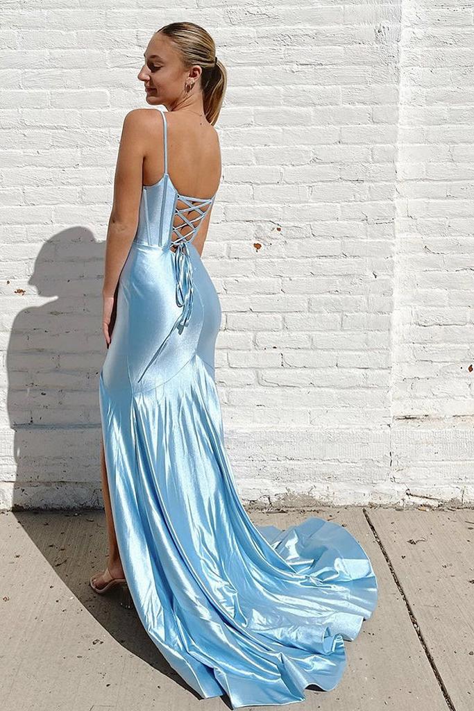 V Neck Prom Dress Mermaid Blue Long Evening Dress