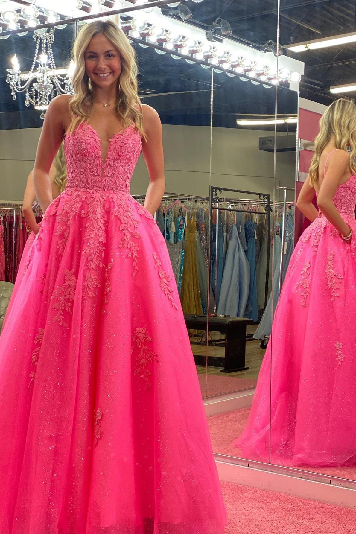 V Neck Prom Dress Pink A Line Lace Long Evening Dress