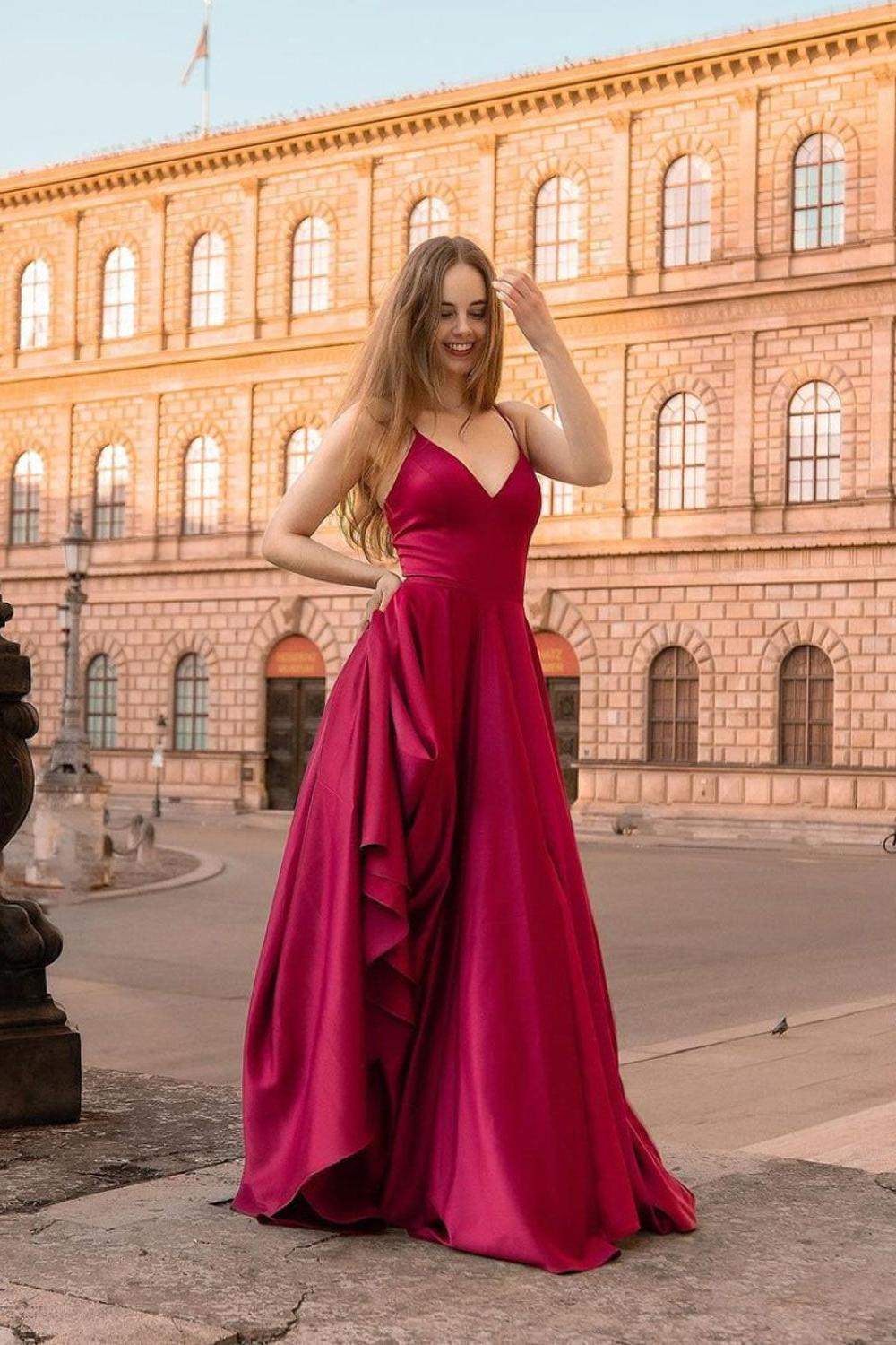 Dressystars Women V Neck Prom Dress Satin Dark Red Prom Dress Long Burgundy Bridesmaid Dress Evening Dress Dressystars Women V Neck Prom Dress Satin Dark Red Prom Dress Long Burgundy Bridesmaid Dress Evening Dress