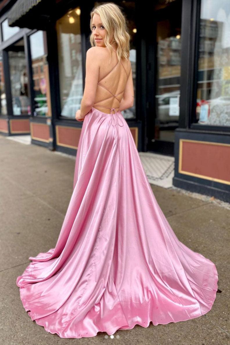 V Neck Prom Dress Satin Long Pink Evening Dress