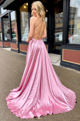 V Neck Prom Dress Satin Long Pink Evening Dress