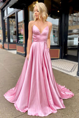 V Neck Prom Dress Satin Long Pink Evening Dress