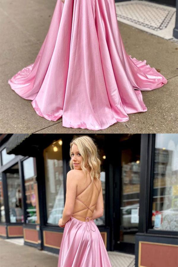 V Neck Prom Dress Satin Long Pink Evening Dress