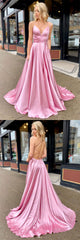 V Neck Prom Dress Satin Long Pink Evening Dress