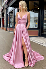 V Neck Prom Dress Satin Long Pink Evening Dress