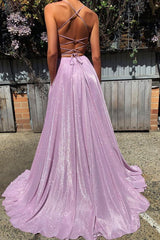 V Neck Prom Dress Satin Long Purple Evening Dress